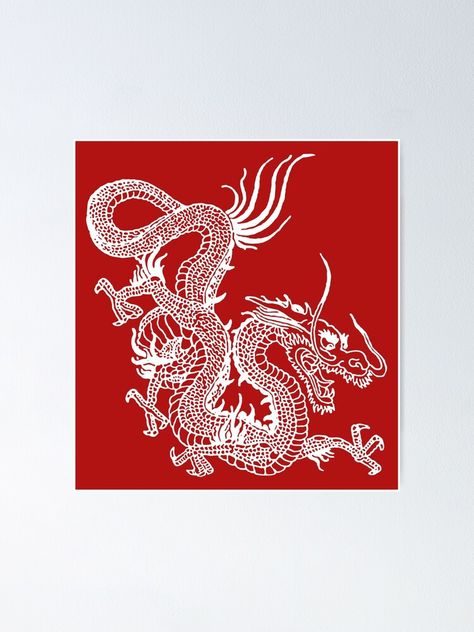 Poster « Dragon chinois blanc ~ fond rouge », par EddieBalevo | Redbubble Chinese Dragon Minimalist, Chinese Dragon Stencil, Red Chinese Dragon, Playing Cards, Les Oeuvres