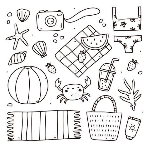 Download the Set of summer doodles - female bikini, wicker bag, towel, sunscreen, beach ball, photo camera, fruits, seashells and others. Vector hand-drawn illustration. Perfect for cards, logo, decorations. 8163298 royalty-free Vector from Vecteezy for your project and explore over a million other vectors, icons and clipart graphics! Small Easy Drawings, Summer Doodles, Beach Room Decor, Cute Journal, Summer Drawings, Beach Clipart, Ball Drawing, Toddler Arts And Crafts, Drawing Bag