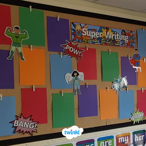 Eyfs Superheroes, Superheroes Eyfs, Superhero Display, Dinosaurs Eyfs, Primary School Displays, Pie Corbett, Writing Display, Writing Wall, School Reception