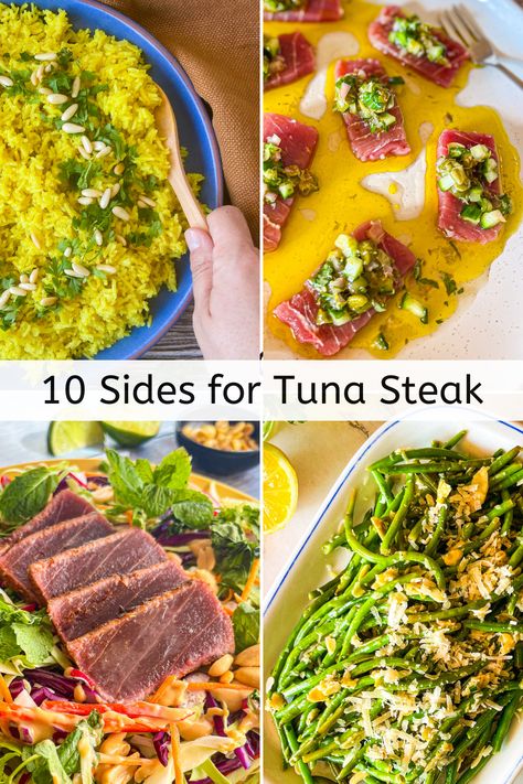 Here's your handy guide to the very best sides to serve with tuna steak, from salads, vegetables, potatoes, grains and more. You're sure to find a few side dishes the whole family will love. Pin this guide to your favorite board today! What To Serve With Ahi Tuna Steaks, Ahi Tuna Side Dishes, Sides For Tuna Steak, Seared Tuna Salad, Napa Cabbage Slaw, Tuna Dishes, Salad Veggies, Yellow Rice Recipes, Steak Sides