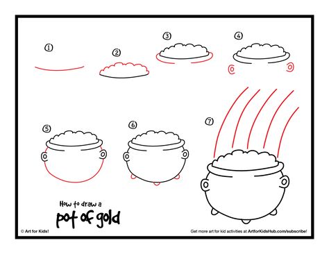 how to draw a pot of gold download How To Draw A Pot Of Gold, How To Draw A Leprechaun, St Patricks Day Drawings Easy, Pot Of Gold Drawing, Holiday Drawing, Calendar Doodles, Saint Patricks Day Art, Gold Drawing, Art For Kids Hub