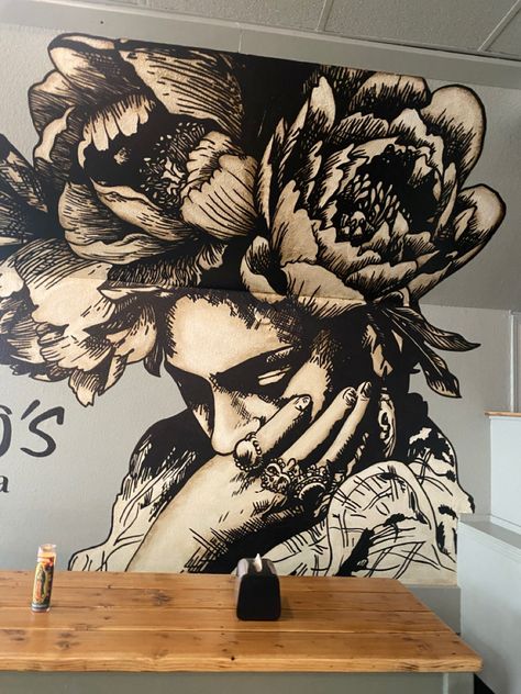 Back Mural Tattoos, Mural Tattoos For Women, Portrait Mural Art, Tattoo Wall Mural Urban Art, Floral Murals On Buildings, Graffiti Furniture, Exterior Murals, Flower Mural, Art Studio Design