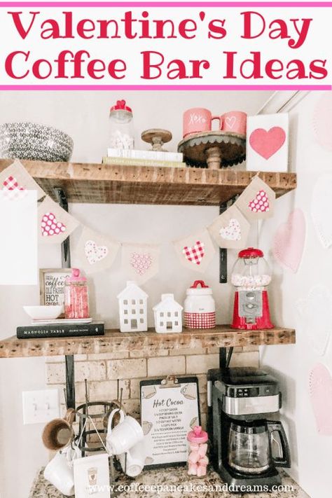 Cute and festive Valentine's Day Coffee Bar Decor Ideas. Free Valentine's Day prints. inexpensive coffee bar decor. Rustic Coffee Station, Organized Coffee Station, Diy Coffee Station, Coffee Station Kitchen, Coffee Bar Ideas, Bar Image, Coffee Bar Decor, Bar Inspiration, Home Coffee Stations