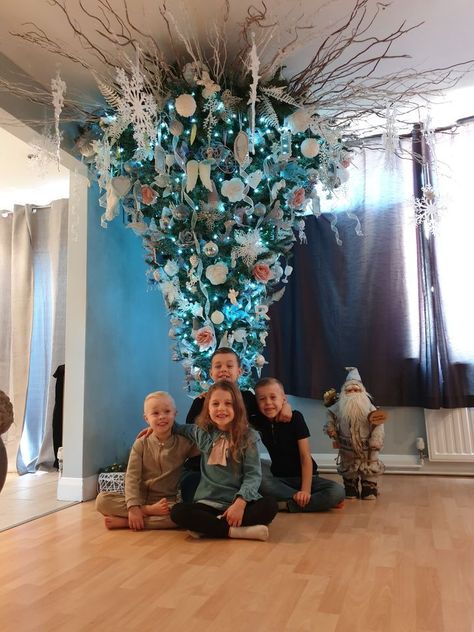 Upside Down Christmas Tree Hanging From Ceiling, How To Decorate An Upside Down Christmas Tree, Christmas Tree Festival Ideas, Christmas Tree From Ceiling, Upside Down Christmas Tree Ideas, Cat Proof Christmas Tree, Christmas Ceiling Decorations, Upside Down Christmas Tree, Silver Christmas Decorations