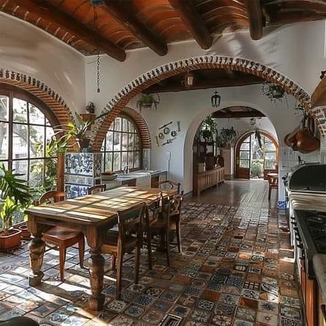 South Western Aesthetic, Spanish Sunroom, Dining Room Attached To Kitchen, Mexican Ranch Style Homes, Hacienda Style Homes Mexican Kitchen, Spanish Villa Interior, Hacienda Style Homes Interiors, Traditional Mexican House, Hacienda Home