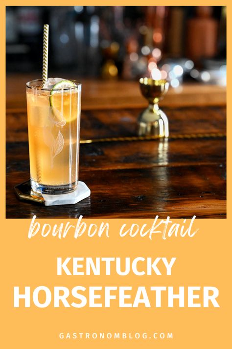 tan Kentucky Horsefeather Cocktail in tall glass with rose etched, lime slice and straw Horsefeather Cocktail, Warm Winter Cocktails, Ginger Beer Recipe, Ginger Beer Cocktail, Cocktail Recipes Whiskey, Craft Cocktail Recipe, Whiskey Recipes, Most Popular Cocktails, Whiskey Cocktail