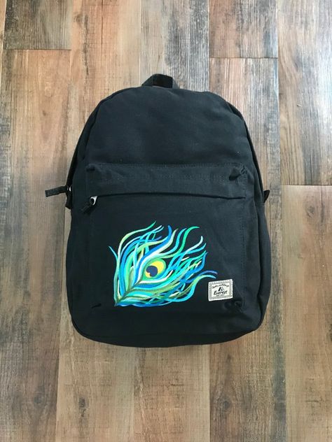 Painted Backpack, Peacock Accessories, Painting Backpack, Black School Bags, Backpack Art, Sunflower Hat, Feather Embroidery, Diy Backpack, Cotton Canvas Fabric