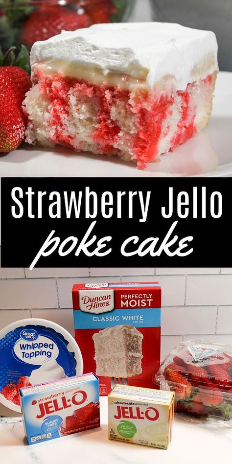 Experience the twist on a classic with this Strawberry Jello Poke Cake featuring a cheesecake layer. It's an easy-to-make, delicious dessert that brings together the best of both worlds. Strawberry Cheesecake Poke Cake, Strawberry Jello Poke Cake, Cheesecake Poke Cake, Strawberry Jello Cake, Jello Cake Recipes, Jello Poke Cake, Poke Cake Jello, Jello Flavors, Strawberry Poke Cakes