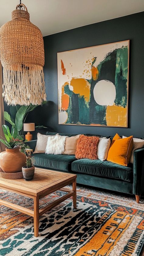 Boho living room with abstract art, plush sofa, vibrant rug, plants, and wicker lamps, blending modern and earthy styles. Bold Mid Century Modern Living Room, Jewel Tone Beach House, Green And Burnt Orange Living Room, Wicker Lamps, Boho Mid Century Modern Living Room, Inviting Home Decor, Burnt Orange Living Room, Modern Eclectic Living Room, Funky Living Room