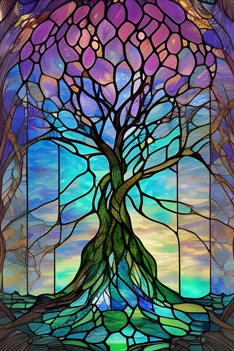 Beautiful, colorful, faux stained glass image of a tree Stain Glass Window Art, Glass Window Art, Stained Glass Paint, Stained Glass Diy, Stained Glass Crafts, Art Stained, Stained Glass Designs, Faux Stained Glass, Stained Glass Projects