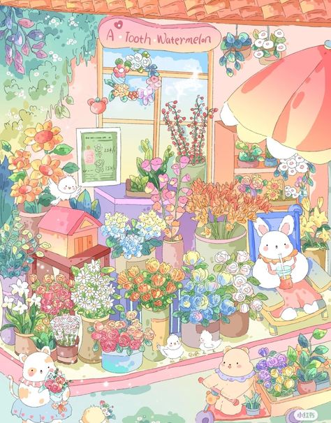 Florist Shop Drawing, Shop Drawing, Cartoon Body, Wallpaper Illustration, Storybook Art, Green Country, Florist Shop, Sanrio Wallpaper, Anime Artwork Wallpaper