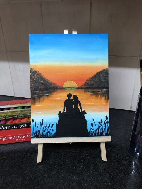 Two lovers cuddle up together on the bridge by the river as they watch the sun go down. River Drawing, Best Anime Drawings, Acrylic Gouache, River Painting, Lake Painting, Drawings Of Friends, Sunset Painting, Landscape Drawings, Hand Painting Art