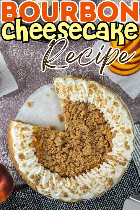 Enjoy a deliciously creamy Bourbon Peach Cheesecake topped with a crunchy streusel. This easy cheesecake recipe is perfect for summer parties or cozy fall evenings. Experience a unique, boozy twist on a classic dessert! Bourbon Cheesecake Recipes, Bourbon Cheesecake, Easy Cheesecake Recipe, Peach Cheesecake, Hearty Comfort Food, Crock Pot Desserts, Fall Nights, Classic Cheesecake, Crockpot Breakfast