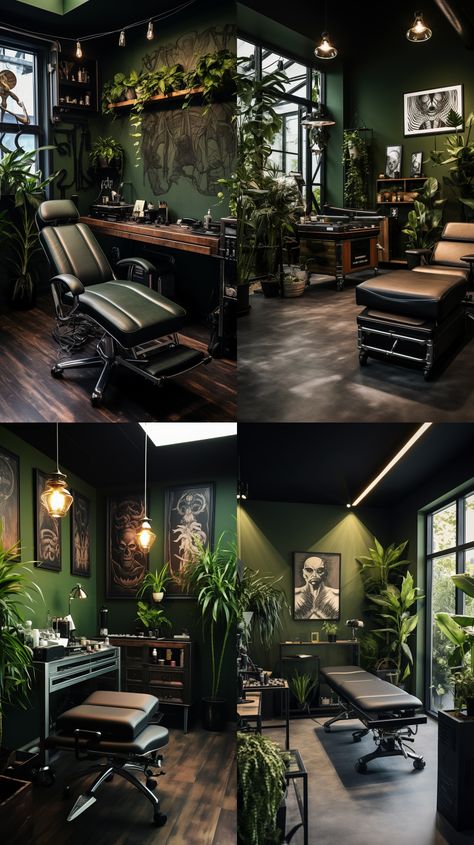 Black Walls Aesthetic, Boho Tattoo Shop Decor, Piercing Shop Aesthetic, Tattooshop Aesthetic, Goth Tattoo Shop, Tattoo Shop Ideas Studios, Shapes Interior Design, Dark Green Salon Decor, Black And Green Lash Room