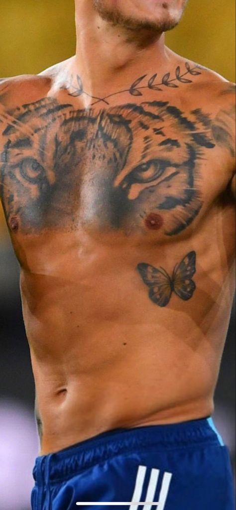 Men’s Belly Tattoos, Tiger Eyes Chest Tattoo, Tattoo Belly Man, Mens Belly Tattoo, Ilia Topuria Tattoo, Chest And Arm Tattoo Men, Ben White Tattoo, Men Side Tattoos, Chest Peices Tattoos For Men