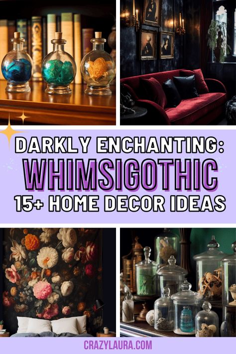 Embrace the vibe of whimsigothic home decor that combines whimsy and gothic elements, creating a space that radiates otherworldly charm #Whimsigoth #HomeDecor #InteriorDesign Diy Gothic Decor, Whimsical Gothic Decor, Comfy Classroom, Witchcore Decor, Whimsigothic Home, Whimsy Goth Bedroom, Pagan Home, Apothecary Jars Bathroom, Witchcraft Diy