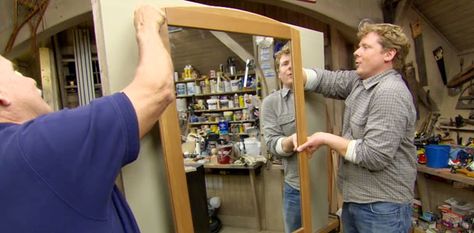 This Old House general contractor Tom Silva shares tips and techniques for safely hanging framed objects on walls Framed Objects, Hanging Heavy Mirror, House Mirror, Home Fix, This Old House, Dresser Mirror, How To Hang, Hanging Frames, Large Mirror