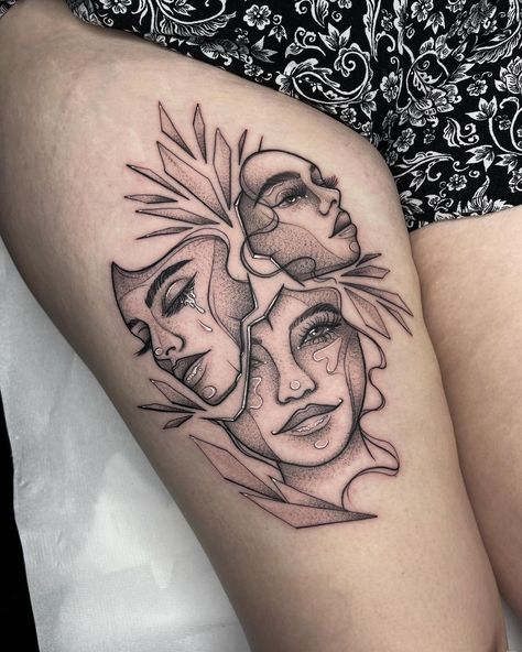 Double Faced Tattoo, Japanese 3 Faces Tattoo, Broken Face Tat, Theatre Faces Tattoo, Two Faces Tattoo Woman, Cracked Face Tattoo, Front Calf Tattoos For Women, Escapism Tattoo, Self Reflection Tattoo