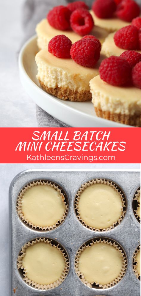 Small Baked Cheesecake Recipe, Cheesecake Recipes Mini Easy, Small Batch Cheesecake Cupcakes, Mini Individual Cheesecakes, Small Individual Cheesecakes, Personal Size Cheesecake, No Bake Cheesecake Muffin Tin, Cupcake Size Cheesecake Recipes, Plain Mini Cheesecakes