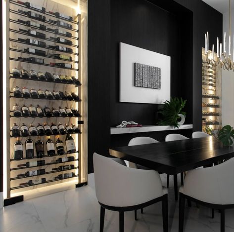 Wine Display Dining Room, Wine Rack Wall Modern, Wine Cabinet Design, Wine Wall Display, Wine Cellar Wall, Wine Storage Wall, Contemporary Wine Cellar, Wine Displays, Fine Dining Room