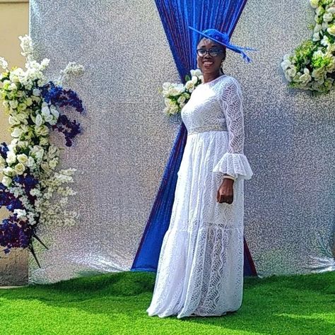 White chantilly lace Dress with blue hatinator. Chantilly Lace Dress Nigeria, Chantilly Lace Styles, Chantilly Lace Dress, Lace Styles, Design Dresses, White Lace Dress, African Design Dresses, Chantilly Lace, J Fashion