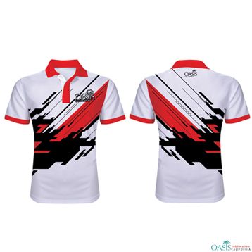 Sublimated #Sport Polo Shirts – #White, #Red and #Black Polo:  Check out this #wholesale #stylish collection of the zoomed white with red and black print sublimation polo #shirt from the reputed #manufacturer in #USA... https://goo.gl/CdpFHd Polo Shirt Sublimation Design, Red Shirt Design, Red Jersey Design, Black Polo T Shirt, Badminton T Shirts, Work Polo Shirts, Sports Tshirt Designs, Sport Shirt Design, Polo Shirt Brands