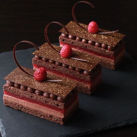 Chocolate Raspberry Ganache Cake, Opera Cake, Plating Ideas, Ganache Cake, Chocolate Chip Cheesecake, Individual Cakes, Individual Desserts, Gourmet Desserts, Salted Caramel Chocolate