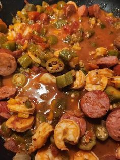 Tomato Okra Shrimp and Sausage Recipe - Grandma's Homemade Goodness Okra And Tomatoes With Shrimp, Okra Soup With Shrimp, Gumbo With Tomatoes, Orka And Shrimp Stew, Stewed Tomatoes And Okra Recipe, Okra Shrimp, Sausage And Shrimp Recipes, Smothered Okra, Gumbo Recipe Easy