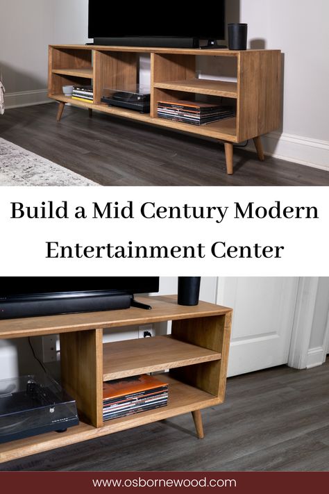 Image shows two photos of a custom built mid century modern entertainment center at different angles Diy Mid Century Modern Tv Stand, Mid Century Modern Entertainment Center, Diy Mid Century Modern Furniture, Entertainment Center Diy, Mid Century Diy, Popular Interior Design Styles, Tv Stand Plans, Diy Mid Century Modern, Mid Century Tv