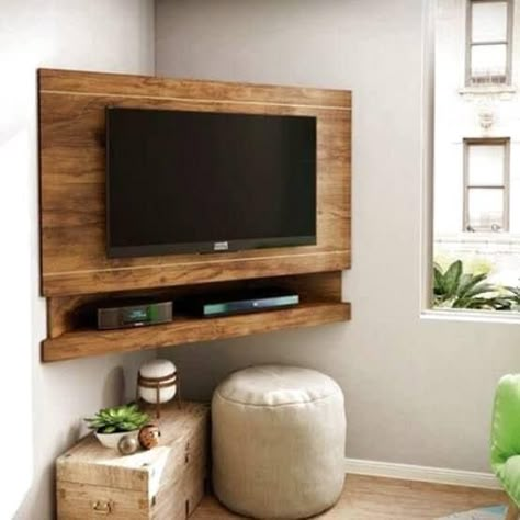 Tv In Corner Of Living Room, Corner Tv Ideas, Tv Angle, Tv Corner, Corner Tv Cabinets, Tv Mounted, Corner Tv Unit, Tv Ideas, Living Room Tv Unit Designs