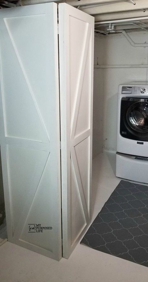 Are you looking for a way to disguise a sump pump? Maybe you're just looking for a way to make plain flat doors look better? I used two plain jane closet doors to hide my sump pump in the basement. The basement laundry space is coming together, and I couldn't be happier! #MyRepurposedLife #repurposed #reclaimed #wood #fauxbarndoor via @repurposedlife Hide Water Heater, Basement Laundry Room, Basement Laundry, Laundry Room Renovation, Diy Basement, Small Basements, Waterproofing Basement, Basement Makeover, Basement Walls