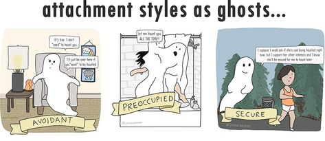 Attachment styles illustrated as ghosts. To learn more about attachment styles and how the way we tend to relate to others can be plotted on a spectrum, visit my "Adult Attachment Style" article! Attachment Theory, Web Comic, Child Therapy, Attachment Styles, Healthy Relationships, To Learn, The Way, Ghost, Comics