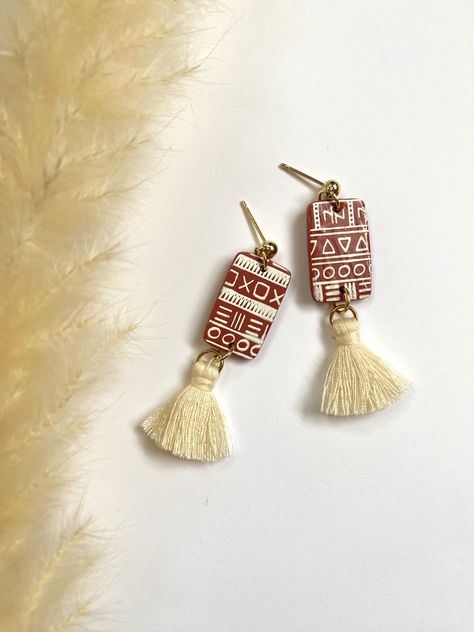 Boho Polymer Clay Earrings with Aztec print and cream cotton tassels Terracotta Clay Earrings, Bohemian Clay Earrings, Terracotta Polymer Clay Earrings, Boho Clay Earrings, Aztec Clay, Terracotta Jewellery Making, Terracotta Jewellery Designs, Terracotta Earrings, Diy Earrings Easy