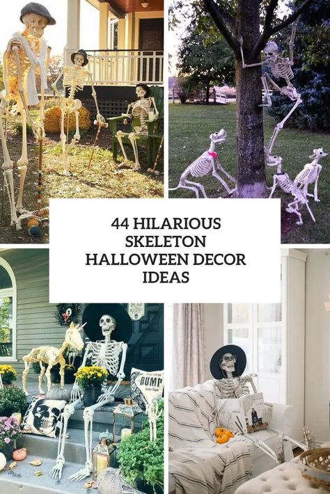 hilarious skeleton halloween decor ideas cover Skeleton Decorations Outdoor, Skeleton Halloween Decor, Halloween Theme Decoration, Skeleton Theme, Halloween Fireplace, Halloween Bat Decorations, Halloween Skeleton Decorations, Halloween Decor Ideas, Halloween Mantel