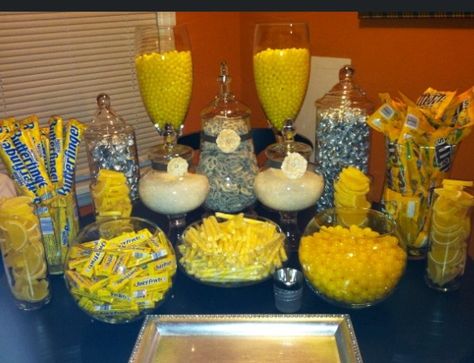 Gray and yellow candy table instead of favors!! White choc. covered pretzels-Aldi's!! Hersey kisses, 3 musketeers/butterfingers candy bars, juicy fruit gum, and peanut M's-Sam's Club.  Lemon jellies, crystal rock candy, and lemon sours- Acandystore.com (fresh candy-flat $9.99 shipping) Lemon Heads/scoops-Dollar Tree!! White and yellow striped candy sticks and personalized labels for candy bags from Oriental Trading Company. Clear candy bags with silver zip ties/tray from Michaels. Trial run Yellow Candy Table, Butterfingers Candy, Yellow Candy Bar, Crystal Rock Candy, Yellow Candy Buffet, Juicy Fruit Gum, Hersey Kisses, Diy Candy Bar, Trunk Party