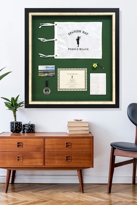 Framed Golf Flag Display, Golf Shadow Box Ideas, Golf Memorabilia Display, Golf Gallery Wall, Golf Flag Display Ideas, Golf Flag Display, Flag Display Ideas, Framing Inspiration, Golf Office