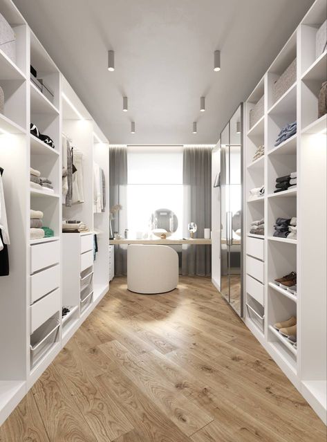 Dressing Room Design With Window, Walk In Wardrobe Ideas With Window, Windows In Closet, Walk In Wardrobe Office, Closet Window Ideas, Walk In Closet With Makeup Vanity, Walk In Closet Window, Modern Wall Closet, Walk In Wardrobe Luxury