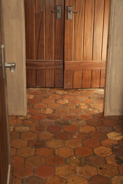 Cabin Remodel Ideas, Red Tile Floor, Tile Floor Ideas, French Decorating Ideas, Saltillo Tile Floor, Kitchen Floor Ideas, Terracotta Flooring, Cider House Rules, Wood Cottage