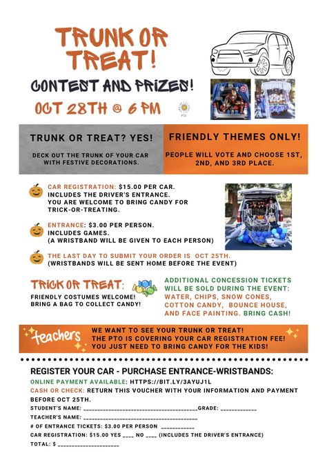 Community Trunk Or Treat, Trunk Or Treat Festival Ideas, Trunk Or Treat Registration Form, Trunk Or Treat School Event, Student Council Halloween Ideas, Trunk Or Treat Planning, Trunk Or Treat Event Ideas, Pto Trunk Or Treat Ideas, Pta Halloween Ideas