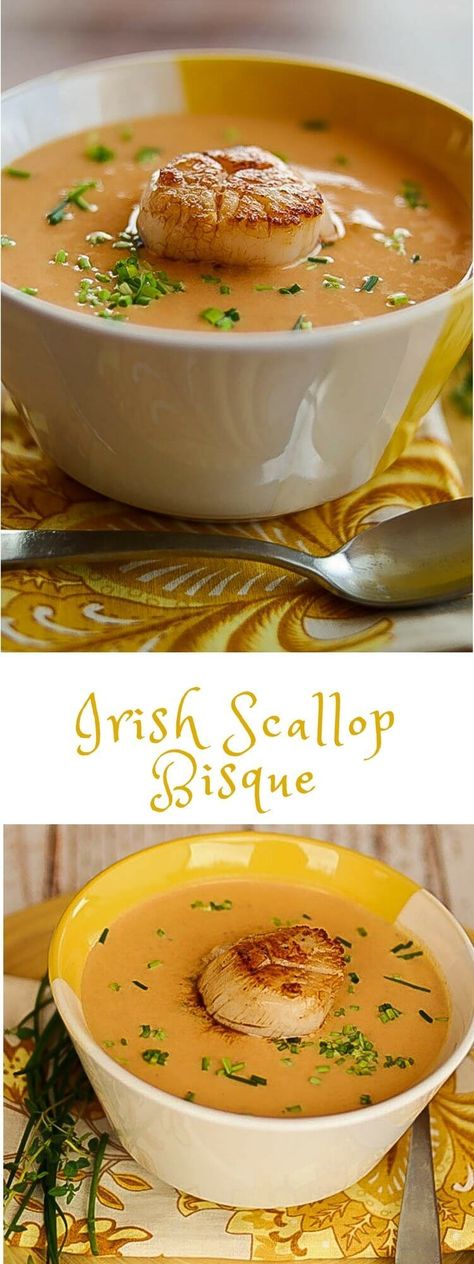 Irish Scallop Bisque - Luxurious flavors abound in this creamy bisque! It's perfect as an elegant starter course, or a light main course with bread and a salad... Scallop bisque recipe | Bisque | seafood soups | starter courses Scallop Bisque, Bisque Recipes, Seafood Soups, Bisque Soup, Seafood Bisque, Irish Cuisine, Diy Easy Recipes, Bisque Recipe, Cooking Courses