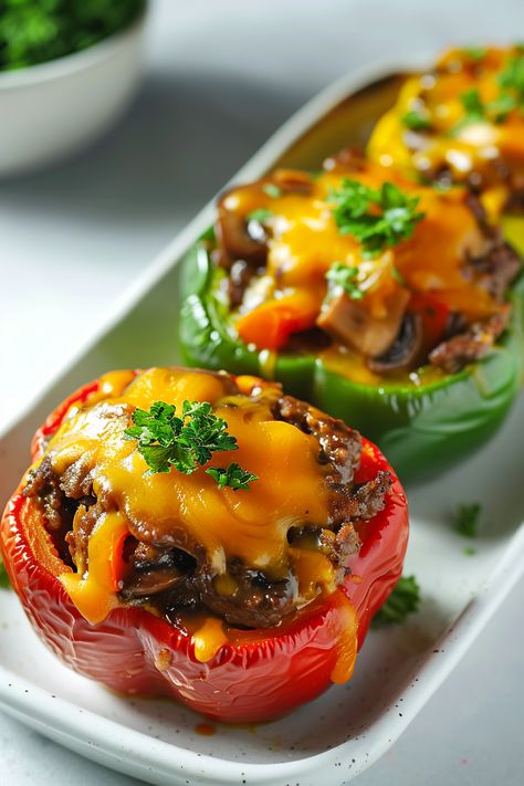 Easy Keto Beef and Mushroom Stuffed Bell Peppers Recipe for a Healthy Dinner #ketodiet #ketorecipes #lowcarb Stuffed Bell Peppers Mushrooms, Stuffed Bell Peppers Keto, Keto Bell Peppers Stuffed, Keto Stuffed Peppers Beef, Keto Stuffed Bell Peppers, Healthy Stuffed Peppers, Mushroom Bell Pepper Recipe, Low Carb Stuffed Bell Peppers Beef, Roast Beef Stuffed Bell Peppers