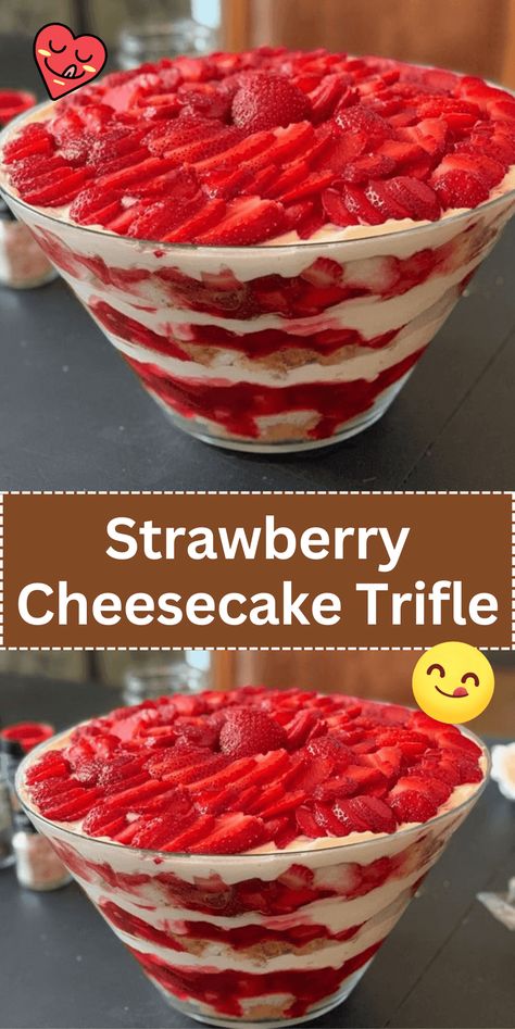 Strawberry Cheesecake Trifle is a show-stopping dessert that combines layers of creamy cheesecake filling, fresh strawberries, and luscious whipped cream. The trifle is assembled by layering cubes of cheesecake, sliced strawberries, and whipped cream in a glass bowl or individual serving glasses. The layers are repeated until the bowl or glasses are filled, creating a beautiful and indulgent dessert. This trifle is perfect for special occasions or as a sweet finale to a summer meal. Strawberry Cheesecake Trifle Recipe, Strawberry Cheesecake Trifle, Trifle Bowl Recipes, Trifle Dessert Recipes, Strawberry Shortcake Trifle, Easy Strawberry Cheesecake, Strawberry Trifle, Cheesecake Trifle, Soft Cake