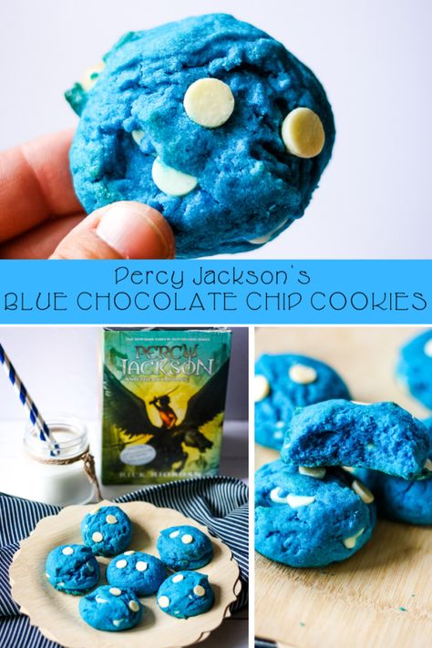 Percy Jackson’s Blue Chocolate Chip Cookies #AD in partnership with Read Riordan #percyjacksonandtheolympians Percy Jackson Desserts, Blue Percy Jackson Food, Percy Jackson Blue Cookies, Percy Jackson Food Recipes, Percy Jackson Blue Cookies Recipe, Percy Jackson Crochet Patterns, Blue Cookies Recipe, Percy Jackson Recipes, Percy Jackson Cookies