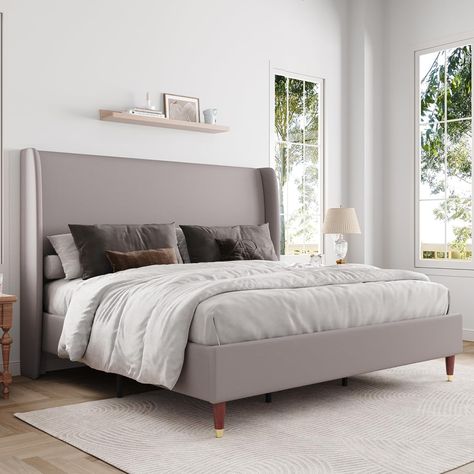 Amazon.com: Jocisland King Size Bed Frame Upholstered Bed Platform Bed Frame with Wingback Headboard/No Box Spring Needed/Easy Assembly/Light Grey : Home & Kitchen High Platform Bed, High Bed Frame, Bed Frame Upholstered, White Bed Frame, Headboard With Lights, Bed Platform, Full Size Bed Frame, Wingback Headboard, Queen Size Bed Frames