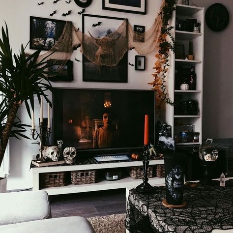 Living Room Ideas Gothic, Witchy Tv Stand Decor, Dark Halloween Aesthetic Decor, Gothic Tv Room, Gothic Home Decor Kitchen, Gothic Tv Stand Decor, Gothic Apartment Decor Living Room, Witchy Tv Stand, Simple Goth Home Decor