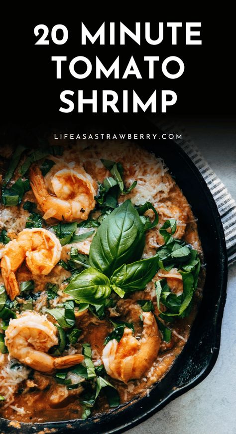 This easy shrimp recipe is ready in just 20 minutes in a skillet on the stovetop! Start by sauteeing some peeled, deveined shrimp or prawns with a bit of onion and garlic, then build a quick tomato sauce with plenty of fresh spinach and basil. The easiest dinner recipe - ready in no time and perfect with pasta, toasted sourdough, or a quick side salad! Tomato Basil Shrimp, Basil Shrimp, Longevity Diet, Shrimp Boat, Delicious Seafood Recipes, Mediterranean Lifestyle, Easy Seafood, Supper Ideas, Pan Dinners