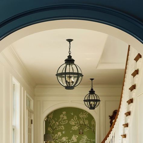 Arch Hallway, Modern Maximalist, Color Lessons, Hallway Entrance, Navy Walls, Hallway Design, Chinoiserie Wall, Chinoiserie Wallpaper, Entrance Design