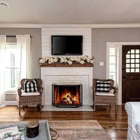 White Brick Fireplace With Wood Mantle, White Fireplace With Wood Mantle, Whitewashed Fireplace, Wood Mantle Fireplace, White Brick Fireplace, Mount Tv, Door House, Brick Fireplace Makeover, Fireplace Mantle Decor