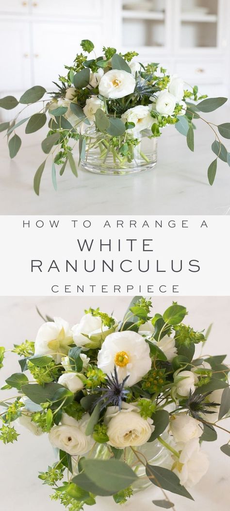 Learn the keys to creating floral arrangements with fluffy White Ranunculus flowers. Designing a Ranunculus Centerpiece is simple with these tips. Rehearsal Dinner Round Table Decor, Fake Plant Arrangements, Kitchen Floral Arrangements, Masculine Flower Arrangements, Spring Floral Arrangements Centerpieces, Easy Flower Arrangements Diy, Men Flowers, Ranunculus Centerpiece, Diy Floral Centerpieces