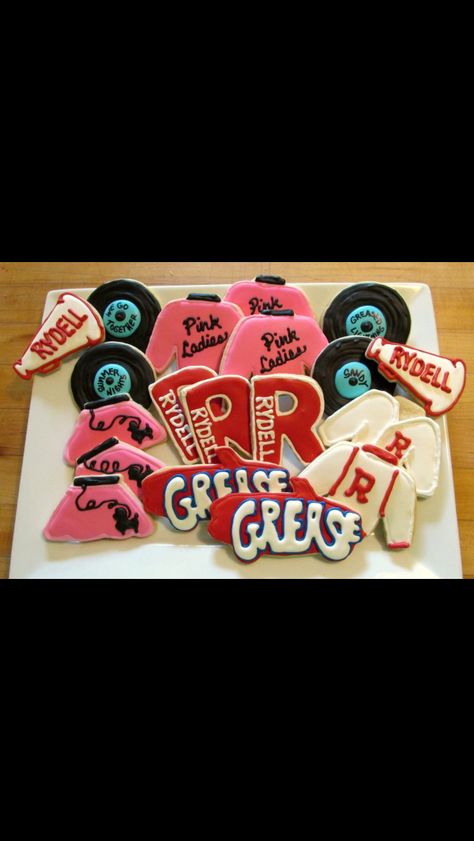 Grease Cookies Grease Themed Cupcakes, Grease Cookies Decorated, Grease Cookies, 50th Birthday Cookies, Grease Themed Parties, Grease Theme, Grease Party, 50s Theme Parties, Grease Musical